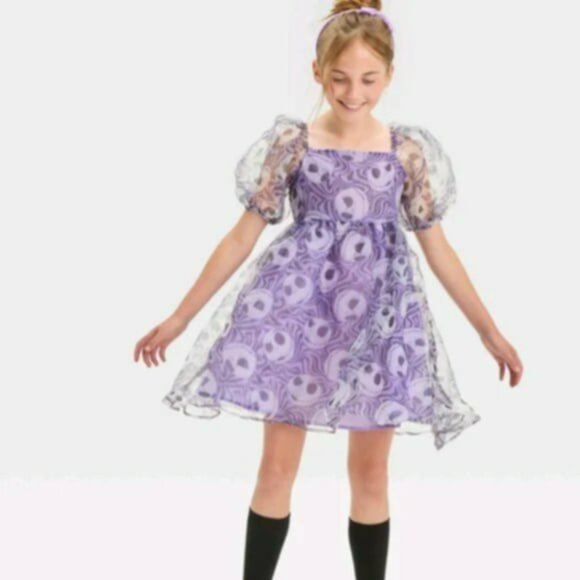 Disney Other - NWOT Jack Skellington puff-sleeve short purple dress 8Y